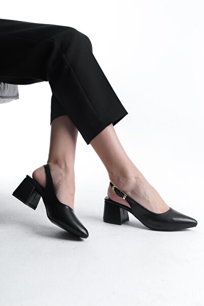 Bak Store Black Skin Gold Buckle Detailed Women's Thick Heeled Shoes