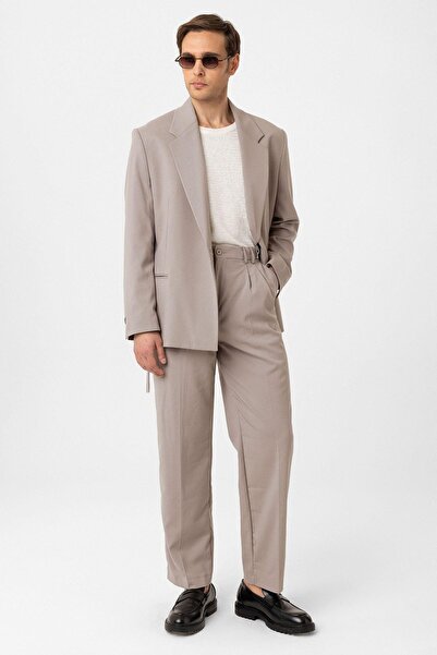 Antioch Beige Double Pleated Baggy Fit Men's Trousers