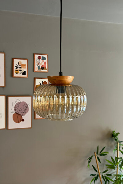 Bamyum Mola Cam Bal Rengi Tekli Avize Tabak Ahşap Başlık Retro Sarkıt Lamba Restoran Salon Aydınlatma