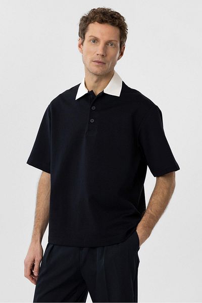 Antioch Navy Blue Contrast Collar Interlock Textured Men's T-Shirt