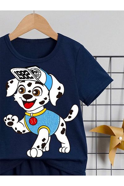 LOUİSA Girl-Boy Navy Blue Cute Puppy Dog Printed Shorts-T-Shirt Set