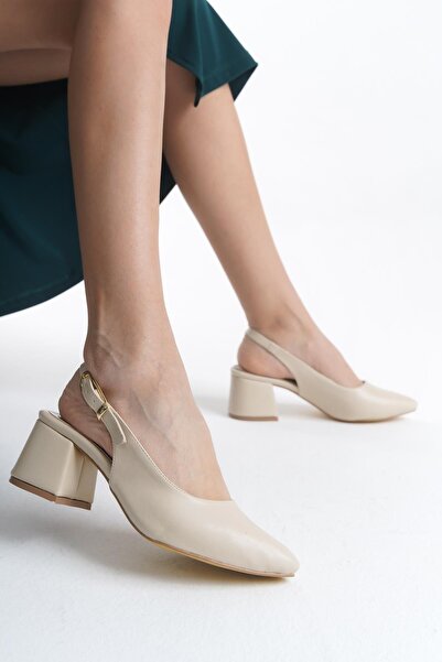 Bak Store Beige Skin Gold Buckle Detailed Women's Thick Heeled Shoes