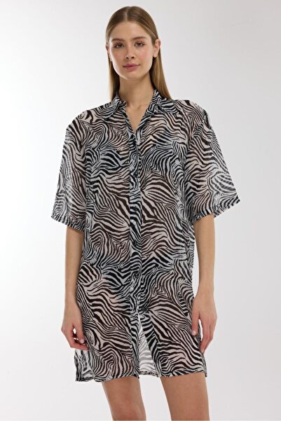 AYYILDIZ 4805 Black and White Patterned Beach Dress