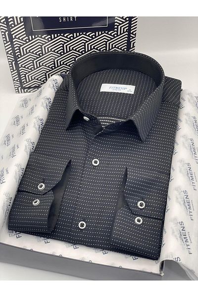 Fitmens Slim Fit Long Sleeve Dot Patterned Men's Shirt with Gift Box Fs- 001374   - Black