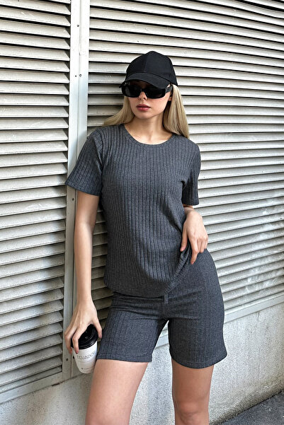 VAGGON Costum dublu gri pentru damă, cu decolteu, cu pantaloni scurți Prmx11543