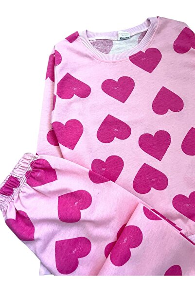 ALİŞ KİDS Lány pamut rózsaszín szívmintás hosszú ujjú szezonális pizsama szett