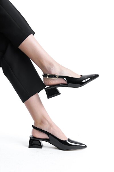 Bak Store Black Patent Leather Gold Buckle Detailed Women's Thick Heeled Shoes