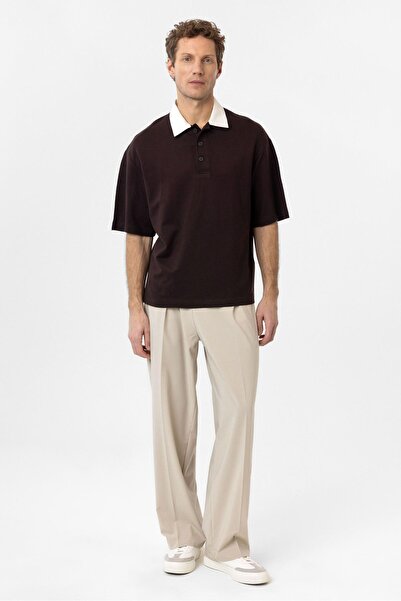 Antioch Brown Contrast Collar Interlock Textured Men's T-Shirt