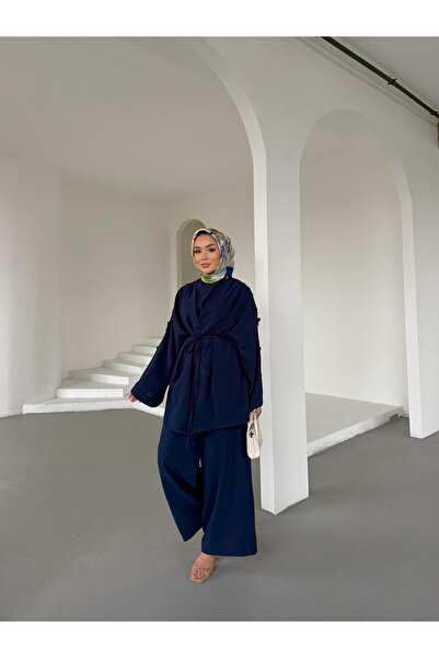 FMN Moda Sleeves Ribbon Bow Detail Design Jacket Blouse Trousers Brand Equivalent Three-Piece Islamic Casual Stylish Suit