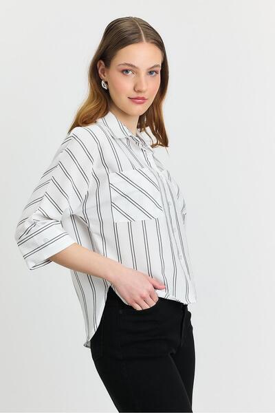 Rays 4272A Çizgili Cepli Gömlek Ekru