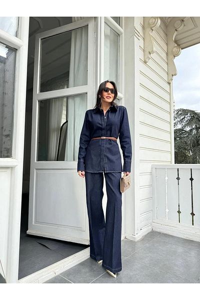 My Blog Navy Blue Belted Padded Denim Suit - 8636