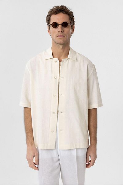 Antioch Ecru Textured Jacquard Cotton Men's Short Sleeve Shirt