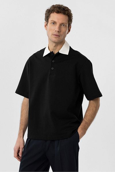 Antioch Black Contrast Collar Interlock Textured Men's T-Shirt