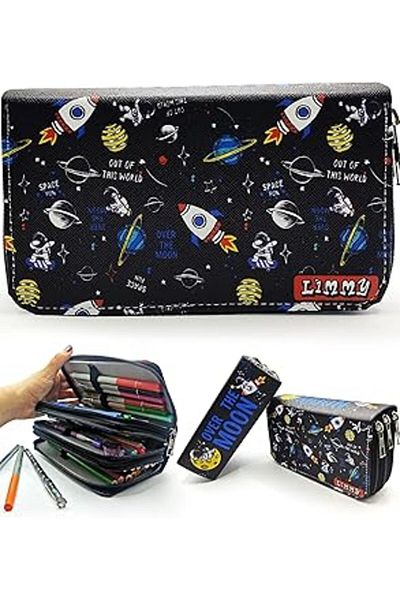 Hepta Collection Limmy Pencil Case Astronaut Space Galaxy Kawai Organizer Pencil Case Vegan Leather Three Compartment Pen Holder -