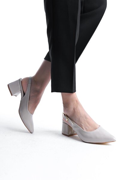 Bak Store Beige Patent Leather Gold Buckle Detailed Women's Thick Heeled Shoes