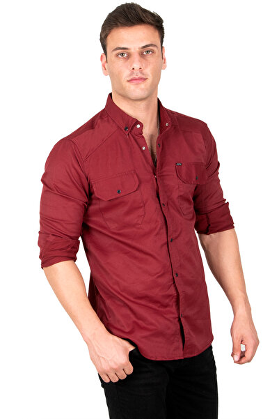 DeepSEA Men's Claret Red Lycra Thin Corded Double Pocket Shirt with Snap Fast...