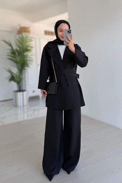 Ka Hijab Double Breasted Jacket Double Suit - Black