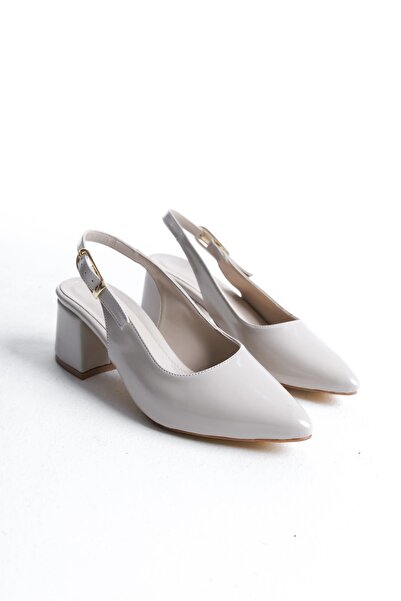 Bak Store Beige Patent Leather Gold Buckle Detailed Women's Thick Heeled Shoes