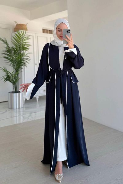 Ka Hijab Μπλε Navy Piping-λεπτομέρεια δεμένη Abaya
