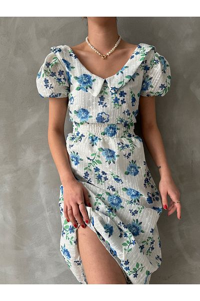 Miss Allos Rochie de damă cu guler pentru păpuși, cu talie, cu modele florale, lungime midi