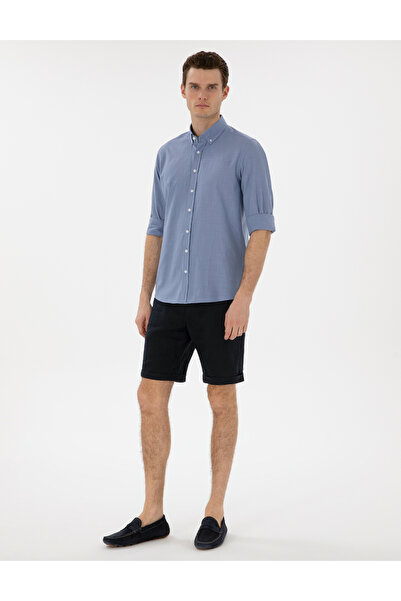 Pierre Cardin Mavi Keten Görünümlü Slim Fit Uzun Kollu Gömlek 50302710-VR036