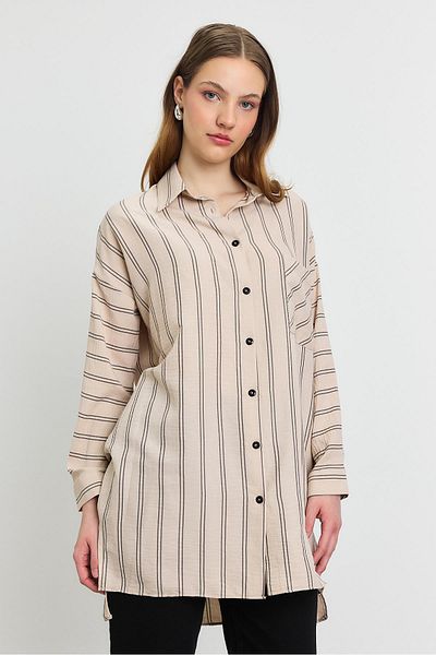Rays Beige 4068A Striped Single Pocket Tunic Shoes