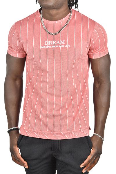 Rizz up Men's Red Front Embroidered Kilt and Ribbed Striped Slim Fit T-Shirt with Sleeves 2302258