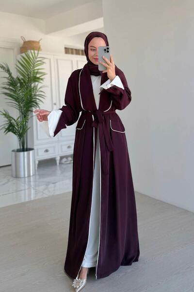 Ka Hijab Burgundy Piping Detail Laced Abaya