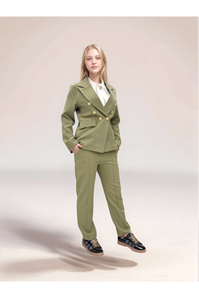 Pantulux Girl's 3 Piece Suit Eid Set - Blazer Jacket, Chiffon Blouse, High Waist Pants