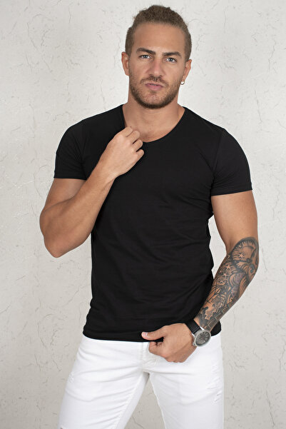 Rizz up Tricou negru pentru bărbați, cu decolteu în V, lycra, slim fit, simpl...