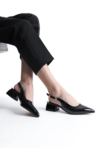 Bak Store Black Patent Leather Gold Buckle Detailed Women's Thick Heeled Shoes