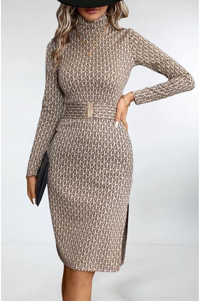 StilVibe Rochie midi cu mânecă lungă, cu detaliu cu fante, cu curea