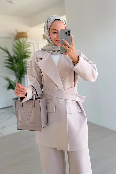 Ka Hijab Beige Double Breasted Jacket Double Suit