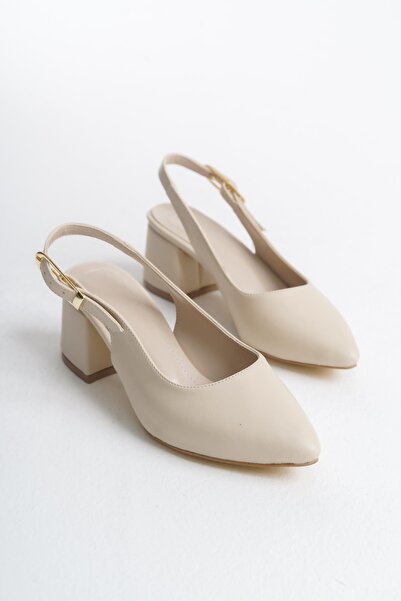 Bak Store Beige Skin Gold Buckle Detailed Women's Thick Heeled Shoes