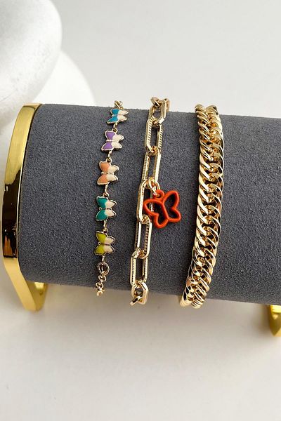 Modex Gold Color Colorful Butterflies Triple Bracelet Set (17+5cm)