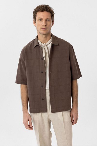 Antioch Brown Textured Jacquard Cotton Men's Short Sleeve Shirt