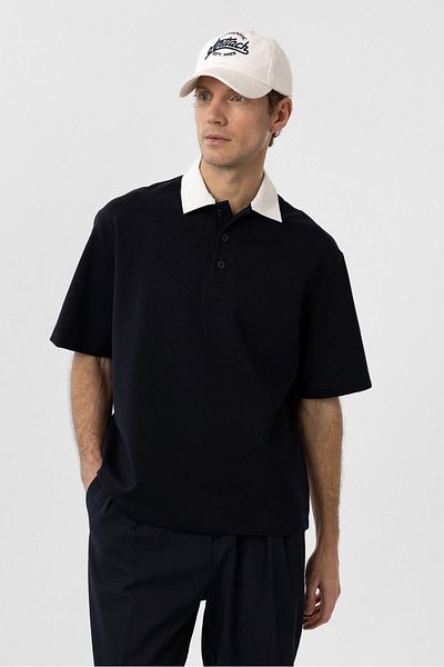 Antioch Navy Blue Contrast Collar Interlock Textured Men's T-Shirt
