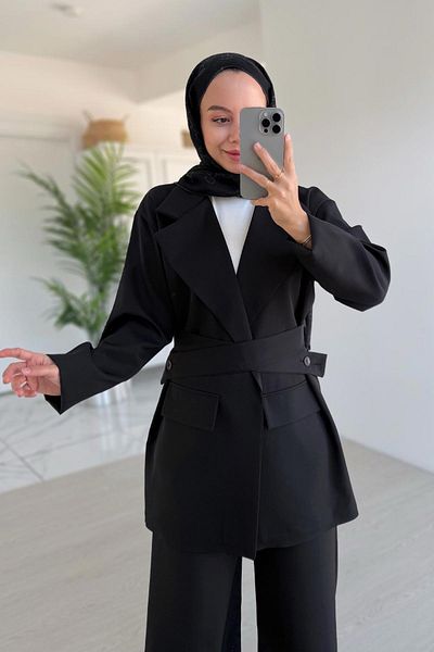 Ka Hijab Double Breasted Jacket Double Suit - Black