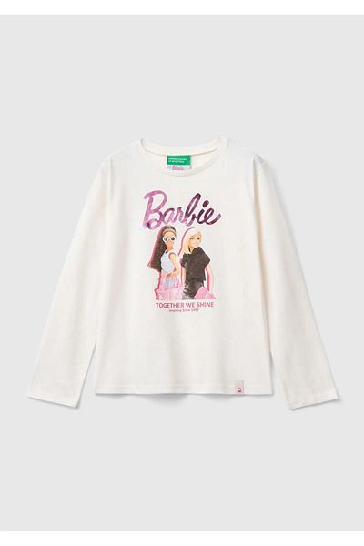 United Colors of Benetton Tricou Ecru pentru Fete - Imprimat Barbie, Decolteu, Maneca Lunga