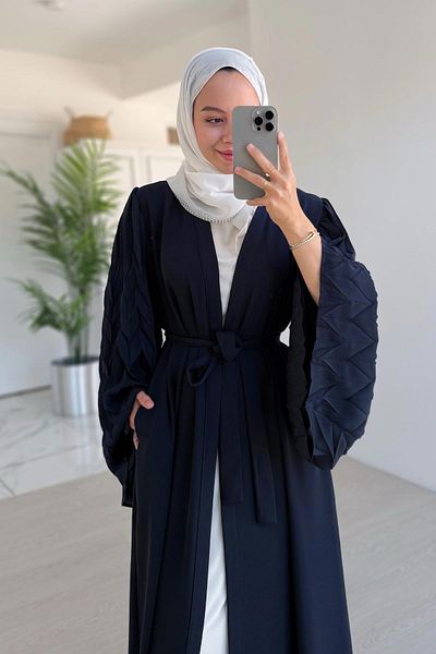 Ka Hijab عباية جيب كم إسباني باللون الأزرق الداكن