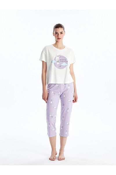 LC Waikiki Set de pijamale Capri pentru femei LCW Young LILA cu mânecă scurtă cu imprimeu