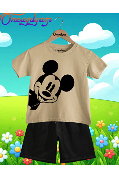oneagılyazı Yanda Mickey Mouse Štampano Oversize kroj Dječje šortseve T-shirt...