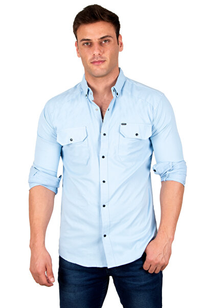 DeepSEA Ανδρικό πουκάμισο Ice Blue Lycra με λεπτές ραβδώσεις με διπλή τσέπη 2300421