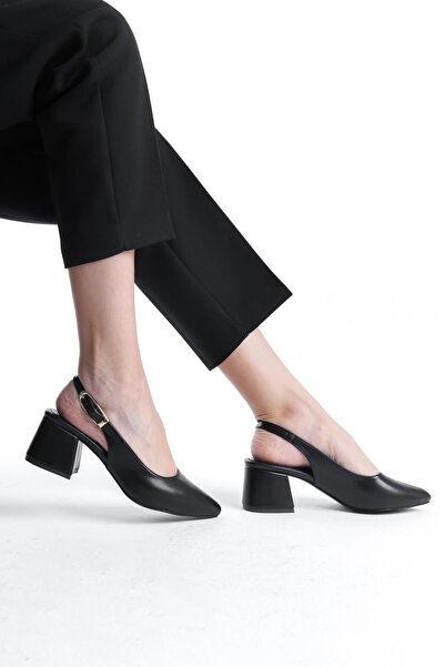 Bak Store Black Skin Gold Buckle Detailed Women's Thick Heeled Shoes