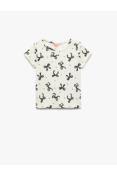 Koton Bow Pattern Short Sleeve Crew Neck Cotton T-Shirt