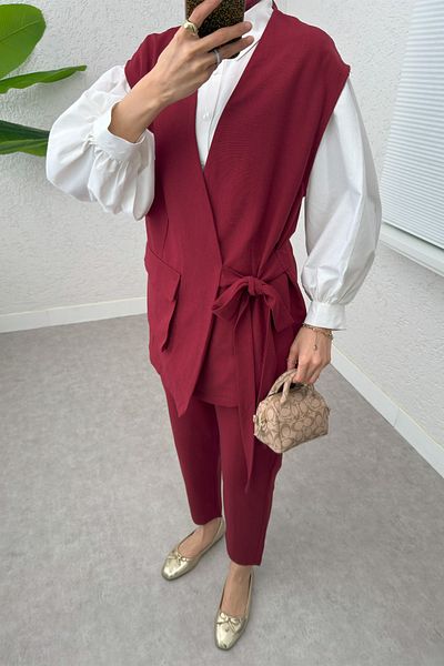 Salih Çelebi Σετ Παντελόνι Γιλέκο Ζώνης 2243 - Claret Red