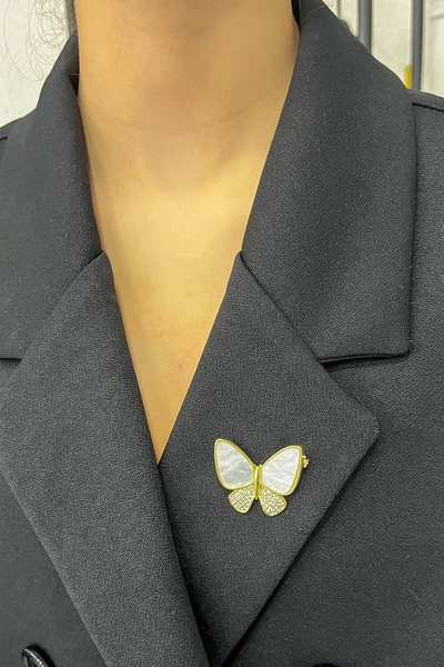 Modex Altın Rengi Taşlı Sedefli Fiyonk Broş (3cm)