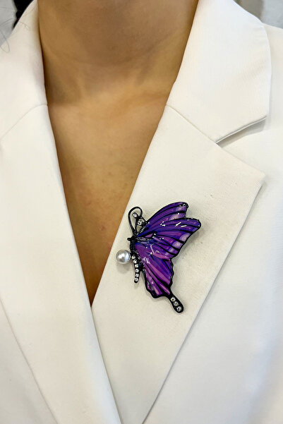Modex İnci Detay Taşlı Mor Kelebek Broş (5cm)