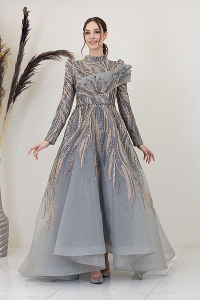 Surikka Draped Yaren Evening Dress with Stones on the Front