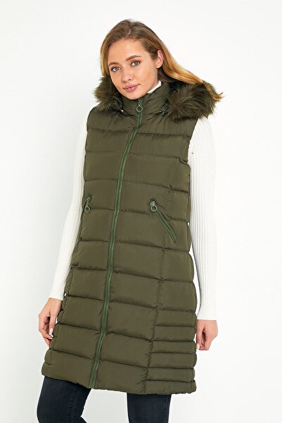 DYNAMO Kadın Haki Uzun Yelek Kapüşon Kürklü